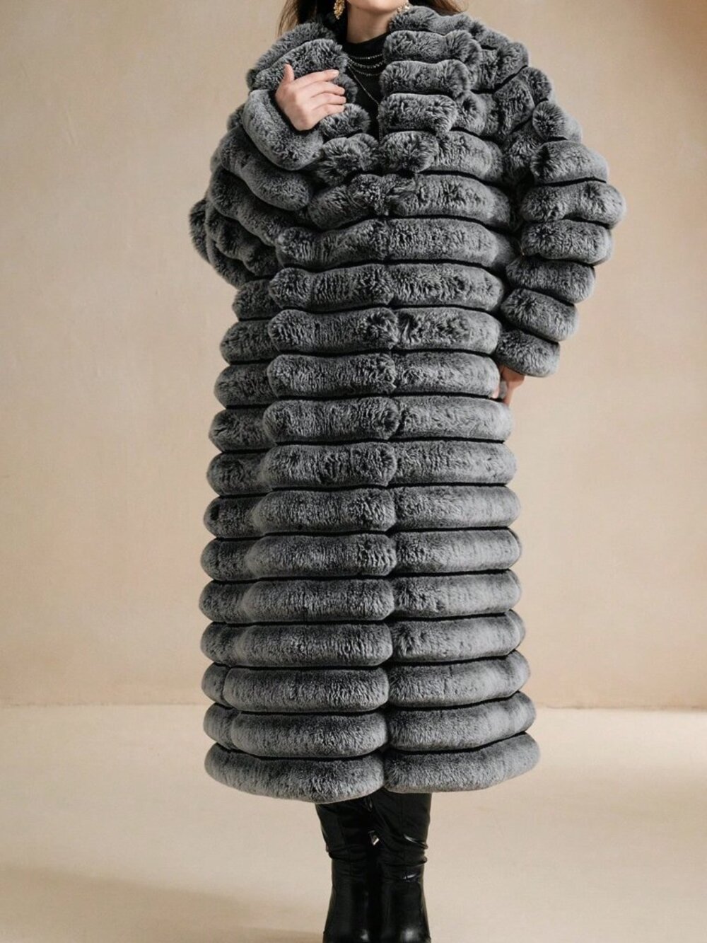 Black And White Plain Women's Fuzzy Single-Breasted Long Coat - Picture 8 of 8